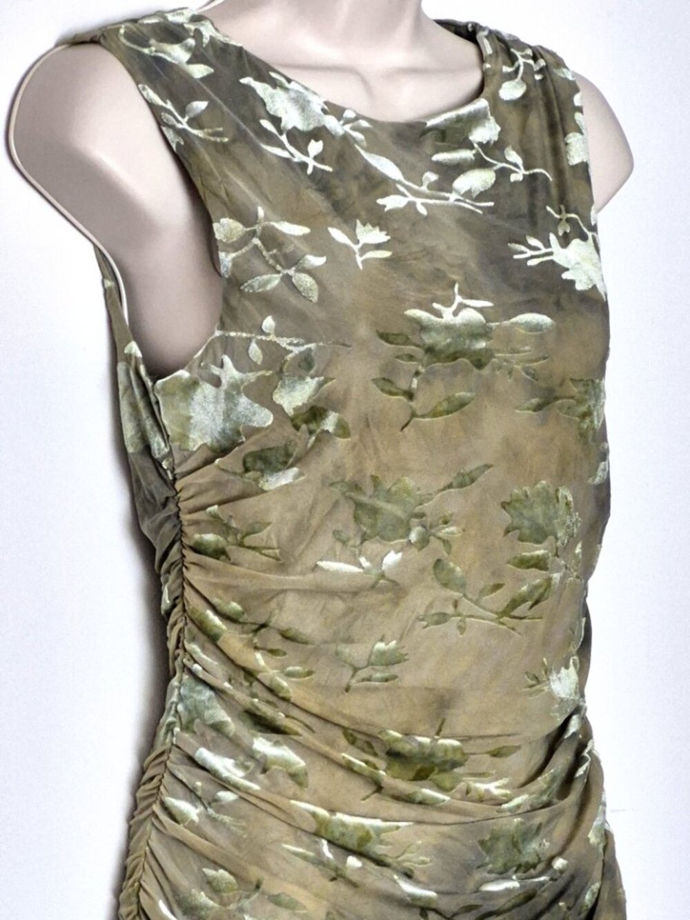 Thirty/Thirty Mini Dress Ruched Sides Asymmetrical Hem Green Floral Size L NWT